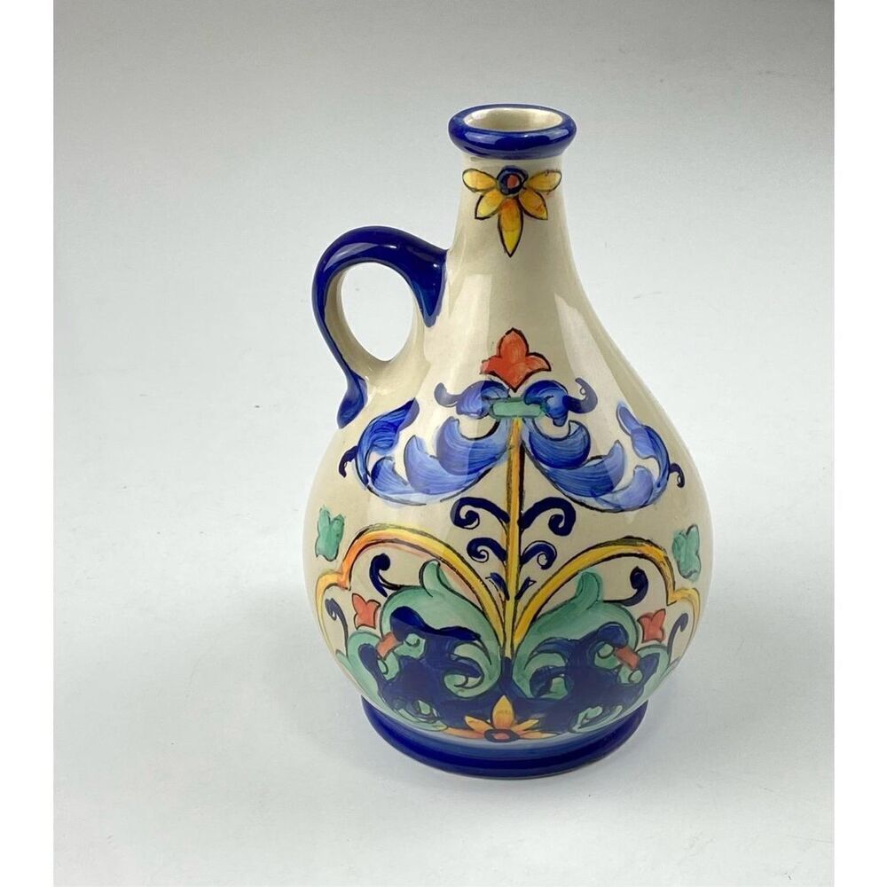 Aqua Jade Moroccan Water Pitcher Hand Painted Blue Green Orange Red Rare HTF DQ1